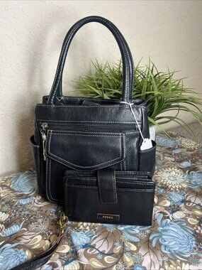 Matching Set-Fossil Maddox Classic Satchel Black Leather HandBag With Wallet
